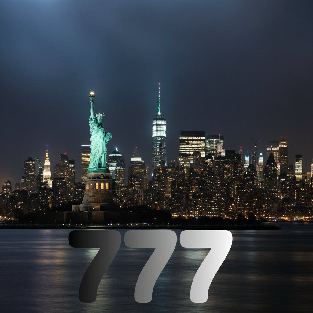Statue of Liberty and New York City skyline at night with the number 777 overlayed.
